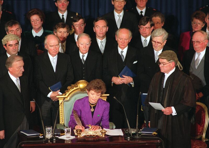 Mary Robinson during her inauguration as President at Dublin Castle, December 1990. Photograph: Matt Kavanagh 