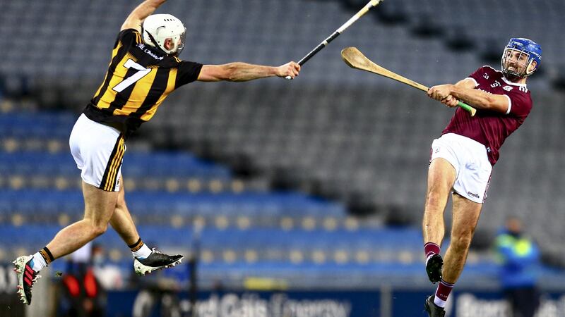 Conor Fogarty closes down Galway’s Johnny Coen at Croke Park. Photograph: Ken Sutton/Inpho