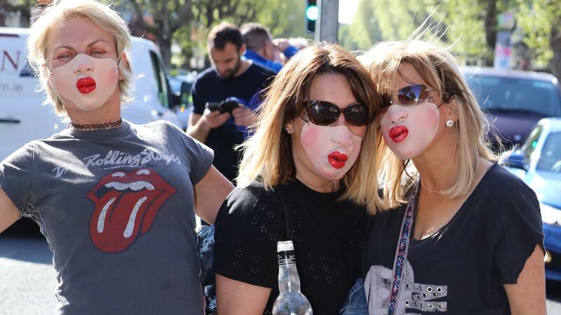 Rolling Stones fans Ruth Lockhart, Suz Campbell and Jude Carthcart from Belfast outside Croke Park ahead of the Rolling Stones concert. Photograph: Collins