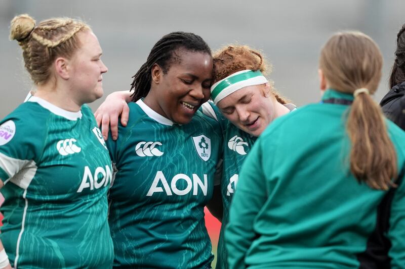 Ireland's Linda Djougang (centre left) and Niamh O'Dowd after defeat to France in the Six Nations match at the Kingspan Stadium, Belfast. Photograph: PA