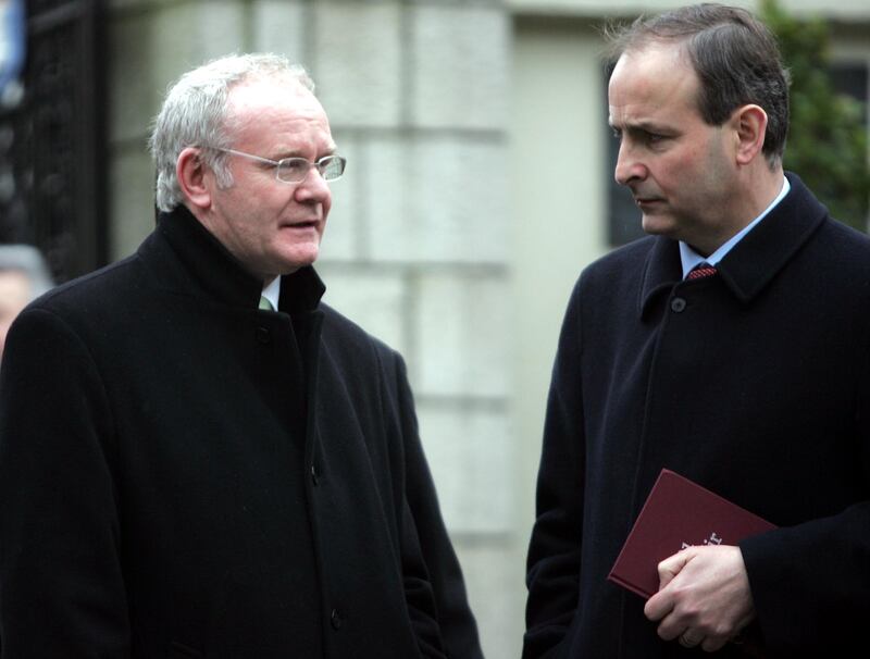 Then deputy first minister of Northern Ireland, the late Martin McGuinness of Sinn Féin, with Micheál Martin (coincidentally also minister for foreign affairs at the time) in Dublin in 2009. On the issue of being perceived by some to be too moderate with his language, Martin says: 'I have been through too much. I was in the government that signed off on the Good Friday [Belfast] Agreement. I joined politics because of Northern Ireland.' Photograph: Eric Luke