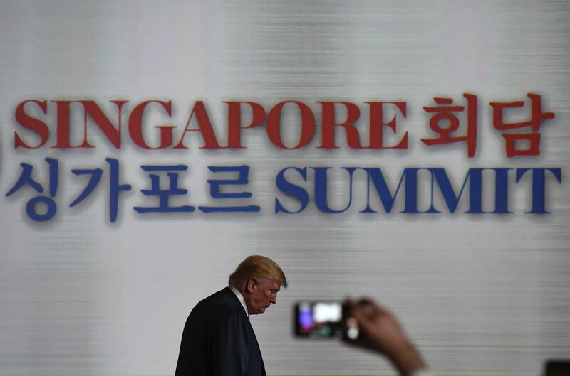 US president Donald Trump leaves the podium at the end of a press conference following the historic US-North Korea summit in Singapore on on Tuesday. Photograph: Anthony Wallace/AFP/Getty Images