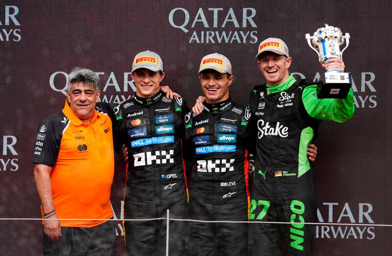 McLaren technical director Peter Prodromou, with Oscar Piastri (second), Lando Norris (first) and Nico Hulkenberg (third). Photograph: Andrew Matthews/PA