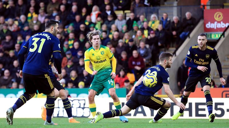Norwich City’s Todd Cantwell scores his side’s second goal during the Premier League against Arsenal at  Carrow Road. Photograph:  Adam Davy/PA Wire