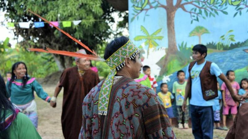 Members of Peru’s Shipibo community in their traditional dress. Photograph: Didem Tali