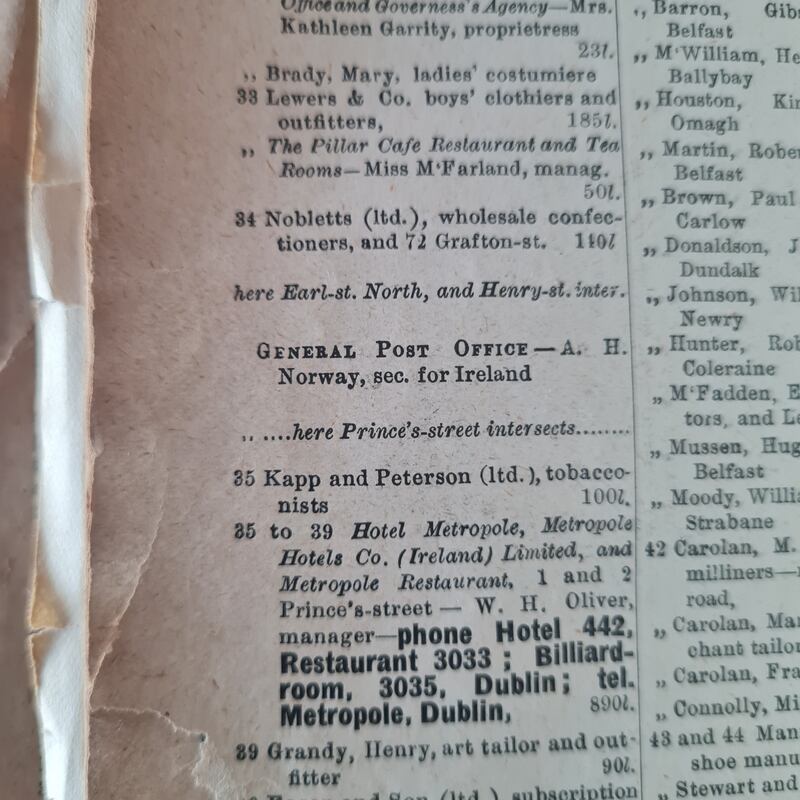 Some of the entries for the then Sackville Street in the 1916 edition of Thom's Directory. Source: Dublin City Library and Archive