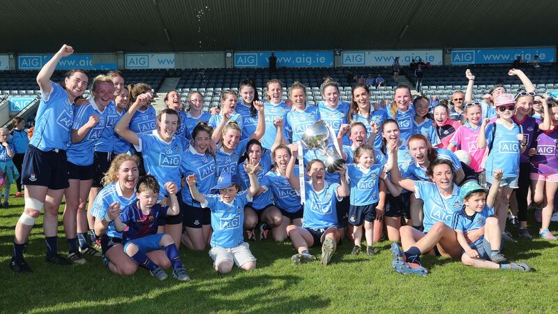 Dublin women celebrate their first ever Division One title. Photograph: Lorraine O’Sullivan/Inpho