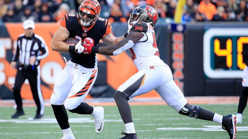Matt Lengel is tackled by Jason Pierre-Paul during the Cincinnati Bengals’ win over the Tampa Bay Buccaneers. Photograph:  Andy Lyons/Getty