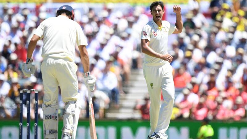 Mitchell Starc celebrates the early wicket of Alastair Cook. Photograph: Dave Hunt/EPA