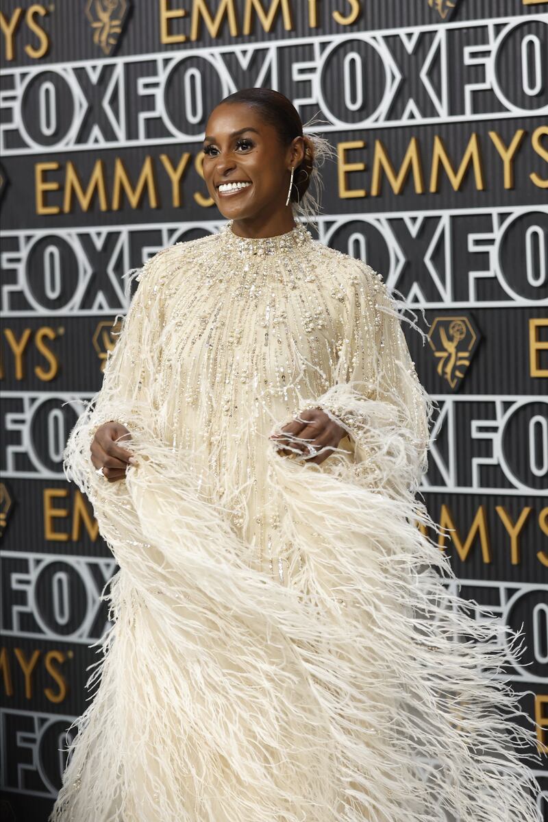 Issa Rae wore a feathery Pamella Roland gown to the Emmys last night. Photograph: Caroline Brehman/Shutterstock