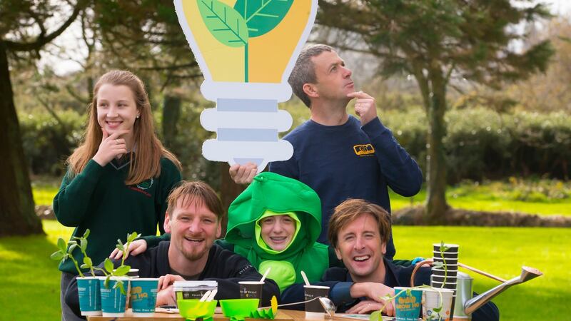 The launch of the GROW 2 CEO competition are last year’s  winners Mary Ellen Kelly and Róisín Kiely from  St Augustine’s College, Dungarvan in Co Waterford, and  founder of GIY Michael Kelly and Cullen Allen and Colum O’Sullivan of Cully & Sully. Photograph: Patrick Browne