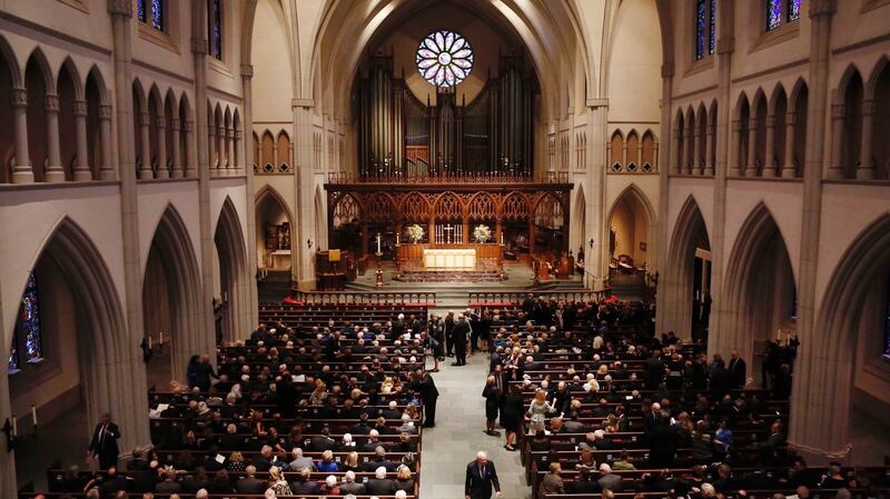 Mourners gather in St Martin’s Episcopal Church before the funeral for former first lady Barbara Bush in Houston, Texas, the US. Photograph: Brett Coomer/EPA, Pool