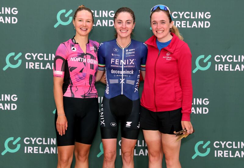 Imogen Cotter of Fenix-Deceunick Cycling Team (centre) with Jenna Speers of North Down CC and Jennifer Neenan. Photograph: Bryan Keane/Inpho