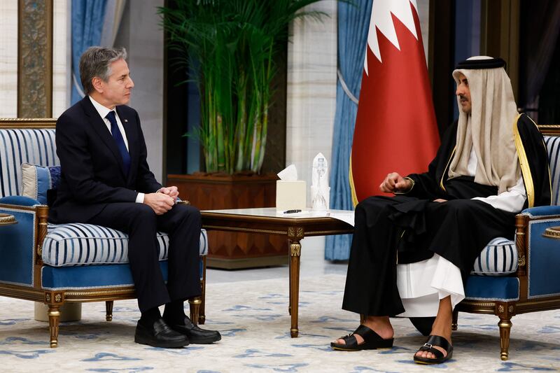 Qatar's Emir Sheikh Tamim bin Hamad al-Thani in talks with US secretary of state Antony Blinken aimed at calming tensions across the Middle East. Photograph: Evelyn Hockstein/AFP/Getty Images