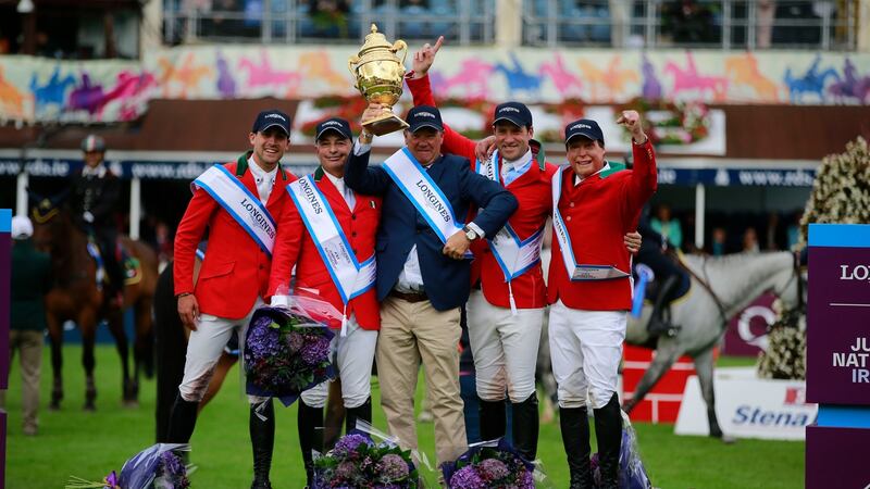 Aga Khan day in Ballsbridge: Mexican team members Perez Garza, Federico Fernandez; Patricie Pasqual and Enrique Gonzalez and (centre) chef d’equipe Stanny van Paesschen. Photograph: Nick Bradshaw