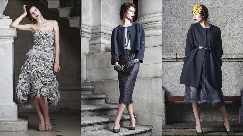 (L-R) 1) Pearl grey silk and taffeta hand-embellished floral applique and Swarovski beaded bustier and skirt, price on application; shoes by Jimmy Choo, jewellery from Brown Thomas.
2) Anthracite wool cocoon jacket with grosgrain trim, €750; grey silk crepe satin blouse, €390; silk jersey and anthracite zip pencil skirt with grosgrain ribbon trim, €520; grey driving gloves, Paula Rowan, Westbury Mall; Bordeaux clutch Yves St Laurent, Brown Thomas
3) Anthracite wool silk-lined coat, €995; silk taffeta and tulle skirt, €950; mustard grosgrain beret, €140; belt, Paula Rowan, Westbury Mall; shoes, stylist's own.