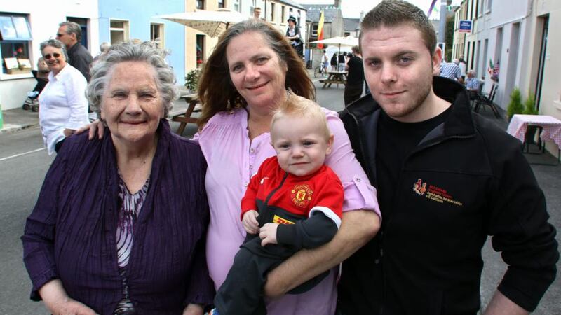 Sally O’Shaughnessy with her daughter Mary, great-grandson Cian (7 months), and grandson Andrew at the 100th anniversary celebrations of “The West” in Galway city at the weekend. Photograph: Joe O’Shaughnessy