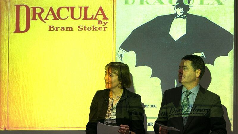 Central Bank deputy governor Sharon Donnery and Minister for Finance Paschal Donohoe at the launch of the Central Bank’s new Bram Stoker-‘Dracula’ commemorative coin at Glasnevin cemetery. Photograph: Shane O’Neill