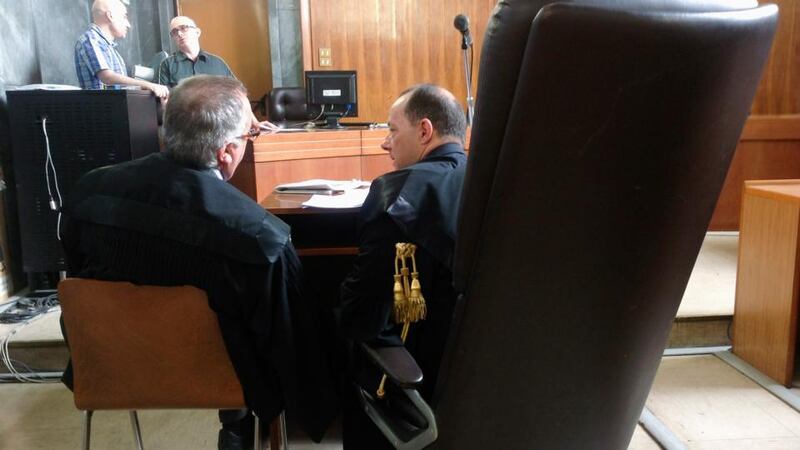 Prosecutor Antonio Sangermano (right) talks with Milan’s court chief prosecutor Edmondo Bruti Liberati before the start of Italy’s former prime minister Silvio Berlusconi’s trial in Milan. Photograph: Alessandro Garofalo/Reuters
