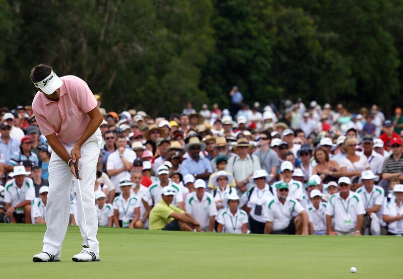 Robert Allenby on his way to victory as he putts on the 18th hole on the final day of the 2009 Australian PGA Championship at Hyatt Regency Resort Coolum in Sunshine Coast, Australia. Photograph: Bradley Kanaris/Getty Images