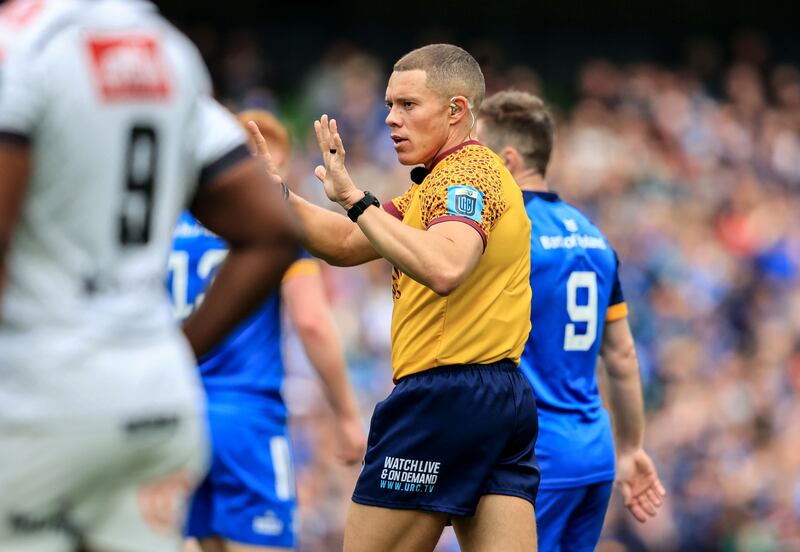 Referee Craig Evans during Leinster's URC quarter-final clash with the Sharks. Photograph: Dan Sheridan/Inpho