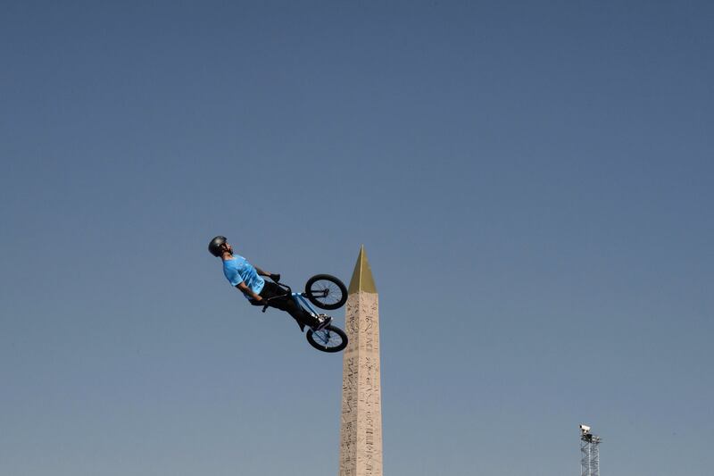 Argentina's Jose Torres Gil takes part in a BMX freestyle training session during the Olympic Games at La Concorde in Paris. Photograph: Jeff Pachoud/AFP via Getty Images