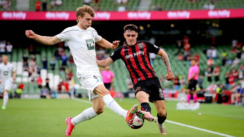 Dawson Devoy of Bohemians in action against  Magnus Clausen of Stjarnan during the game at the Aviva stadium. Photograph: Ryan Byrne/Inpho