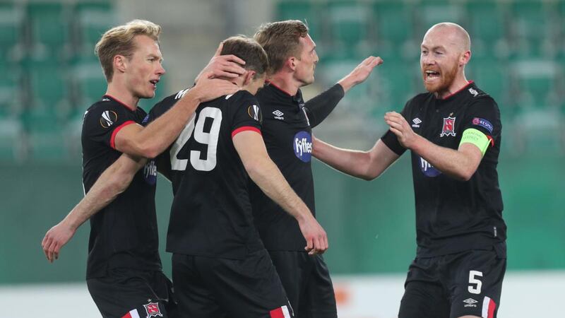 Dundalk players celebrate with goalscorer David McMillan during their Uefa Europa League Group B clash at Weststadion, Vienna, Austria. Photograph: Gepa Pictures/Christian Ort/Inpho