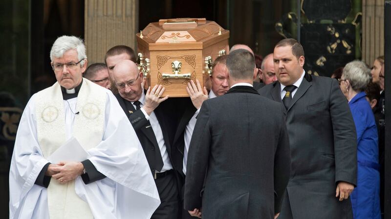 Pallbearers carry the coffin after the funeral service of Lyra McKee at St Anne’s Cathedral in Belfast. Photograph: EPA/ Arthur Carron