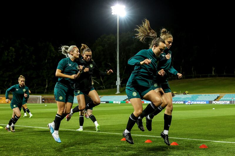 Lily Agg, Abbie Larkin, Ciara Grant and Sinead Farrelly train on Wednesday in advance of Ireland's World Cup opening match against Australia. Photograph: Ryan Byrne/Inpho