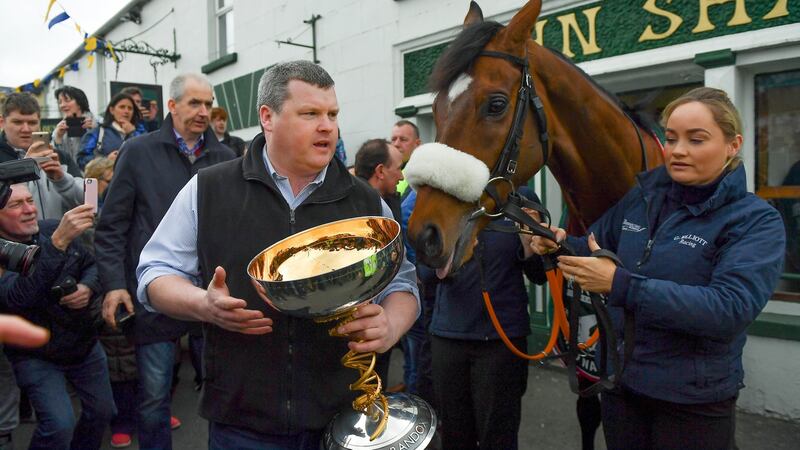 Gordon Elliott with his Grand National winner Tiger Roll. Photograph: Brendan Moran/Sportsfile