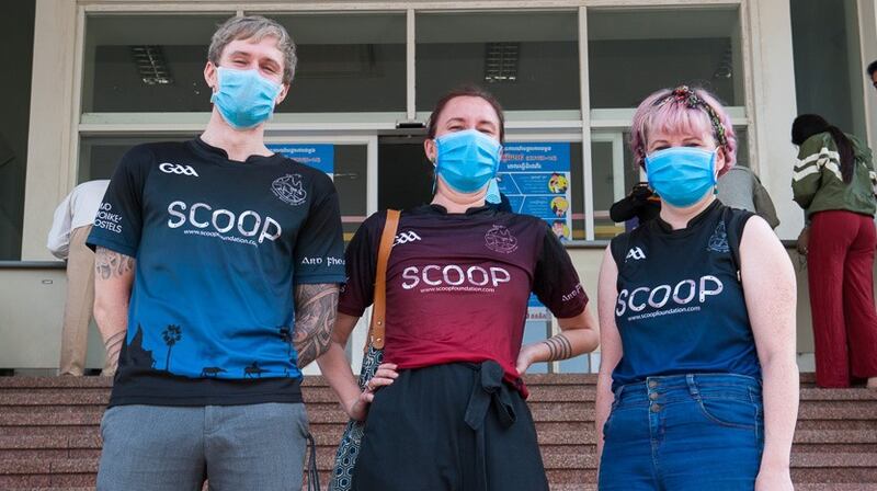 Wexford woman Christine Redmond (far right) with two friends from the  Cairde Khmer GAA Football Club after giving blood in Phnom Penh earlier this month.  Photograph: Christine Redmond