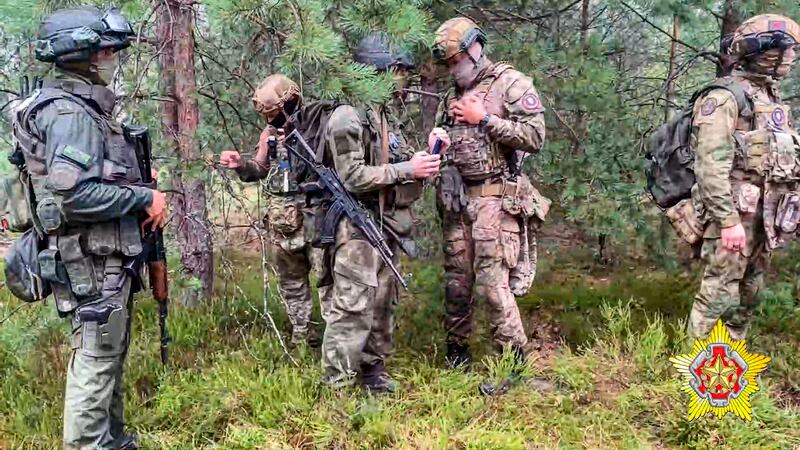 Belarusian soldiers and mercenary fighters from Wagner attend week-long manoeuvres near the border city of Brest, Belarus. Photograph: Belarus’s ministry for defence/AP