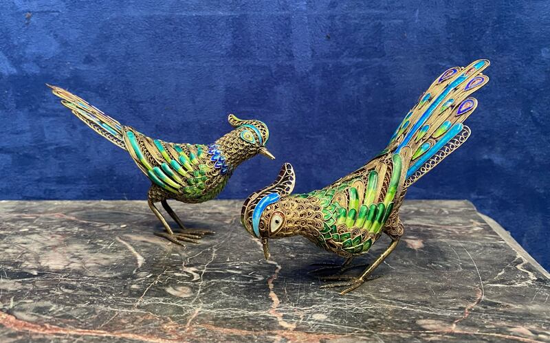 Chinese silver filigree enamel bird figurines