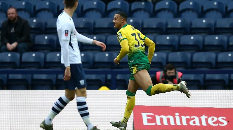 Norwich City’s Adam Idah celebrates scoring his side’s first goal at Deepdale. Photograph: Dave Thompson/PA