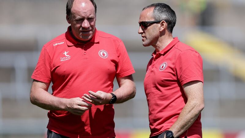Feargal Logan and Brian Dooher deserve huge credit for leading Tyrone to the final in their first season in charge.    They have brought an intensity to it. They have kept Tyrone’s identity. Photograph: Laszlo Geczo/Inpho