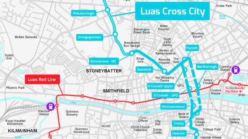 A section of the Luas Cross City Route Map