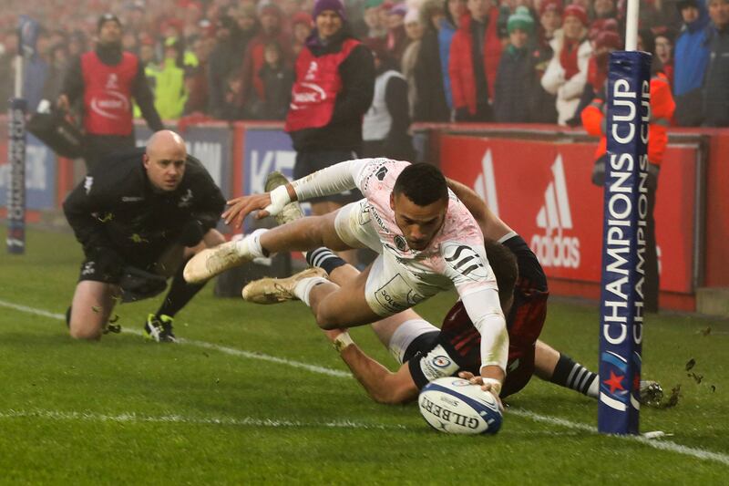 Toulouse's French wing Matthis Lebel scores his side's first try. Photograph: Paul Faith/AFP via Getty Images 