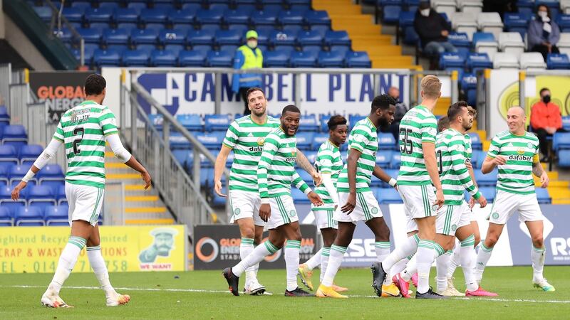 Celtic celebrate Shane Duffy’s goal in their 5-0 rout over Ross County. Photograph: Paul Campbell/Getty