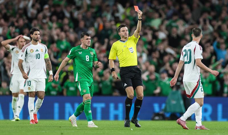 Hungary's Roland Sallai receives a red card. Photograph: Laszlo Geczo/Inpho