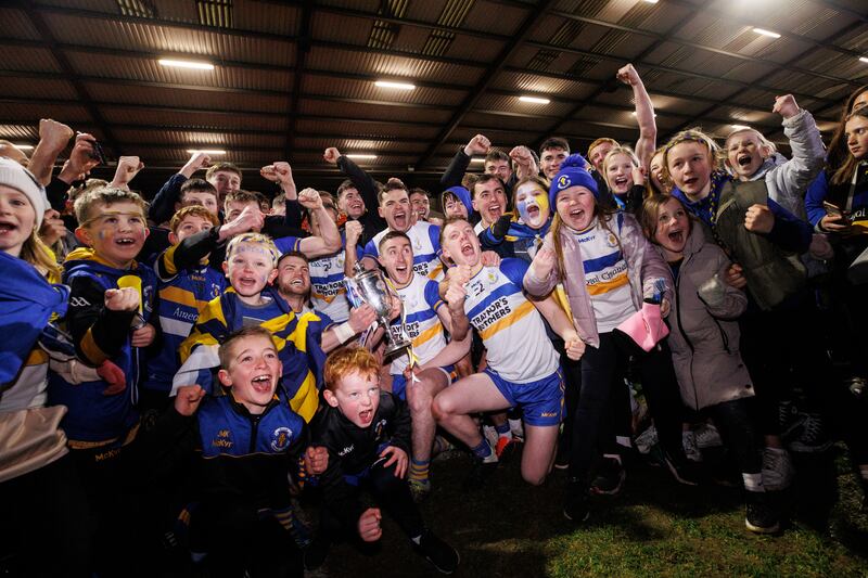 Errigal Ciarán celebrate after beating Kilcoo in the Ulster club senior foorball final at the Athletic Grounds. Photograph: Ben Brady/Inpho