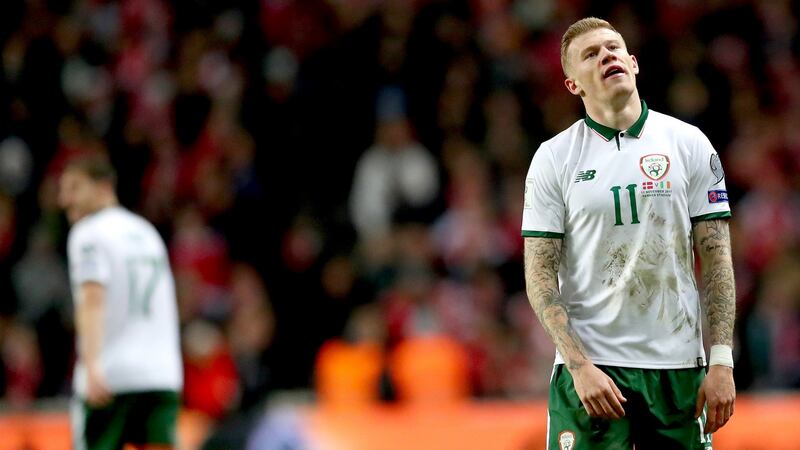 ‘There were several instances in Copenhagen when James McClean’s attempts to link up Callum O’Dowda or Harry Arter in give-and-go passes just didn’t come off.’ Photograph: Inpho