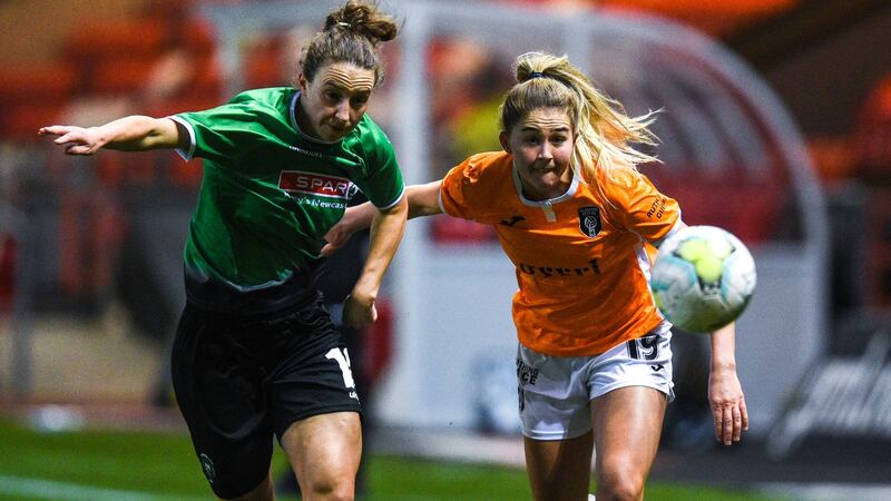 Peamount United’s Karen Duggan challenges  Glasgow City’s Aoife Colvill for the ball during the omen’s Champions League qualifier  at Broadwood Stadium in Glasgow. Photograph: Ross MacDonald/SNS Group via Getty Images
