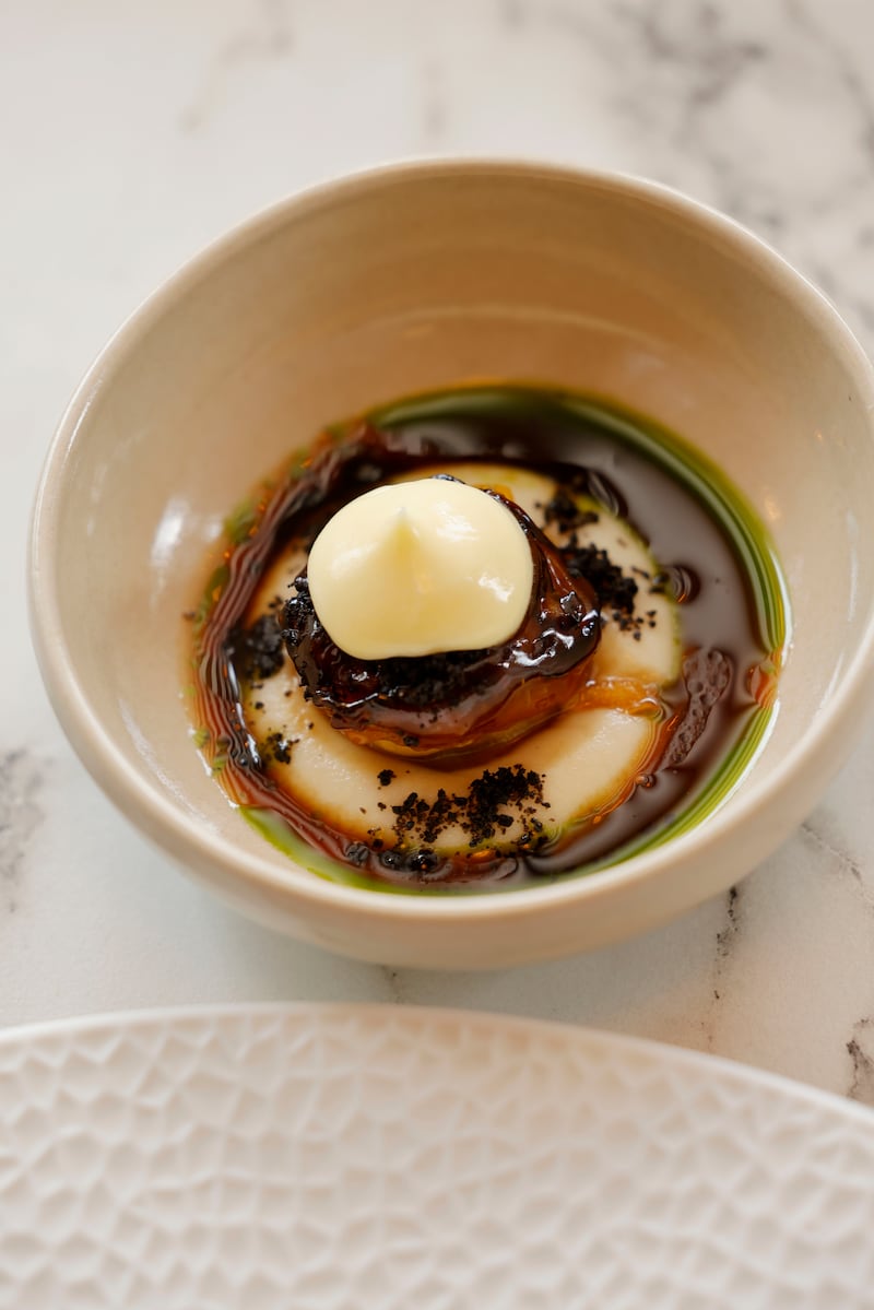 Lamb shoulder, black olives and courgette at Delahunt. Photograph: Alan Betson