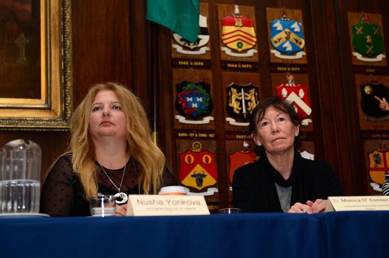 Nusha Yonkova (left), anti-Trafficking manager with the Immigrant Council with Dr Monica O'Connor at the launch of the Immigrant Council of Ireland's first ever research report on exploitative sham marriages in Europe in Dublin in 2016. Photograph: Dara Mac Dónaill/The Irish Times
