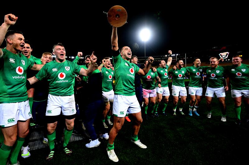 Ireland winger James Lowe celebrates winning against his native New Zealand earlier in the summer. Photograph: Joe Allison/Getty Images