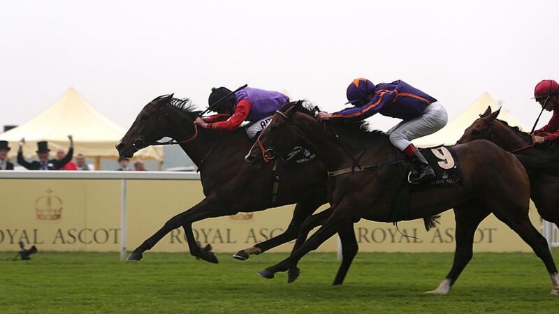 Estimate ridden by jockey Ryan Moore (left) wins the Gold Cup ahead of Simenon ridden by jockey Johnny Murtagh (centre) during day three of the Royal Ascot meeting. Photograph: Steve Parsons/PA Wire