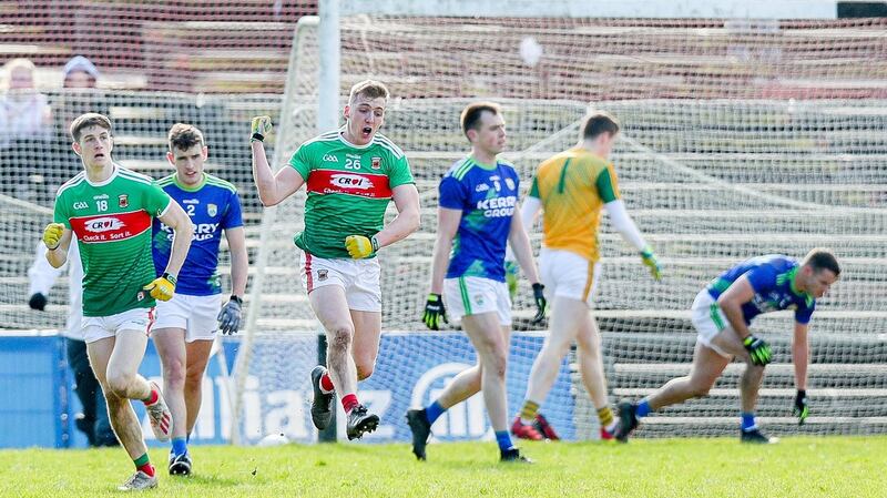Eoghan McLaughlin celebrates scoring Mayo’s goal . Photo: Tommy Dickson /Inpho