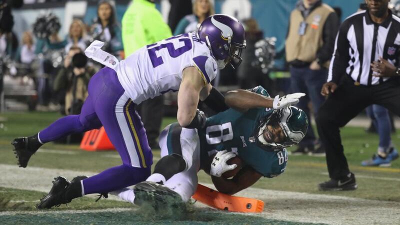 Torrey Smith of the Philadelphia Eagles scores a third quarter touchdown past Harrison Smith of the Minnesota Vikings in the NFC Championship game at Lincoln Financial Field. Photograph:  Rob Carr/Getty Images