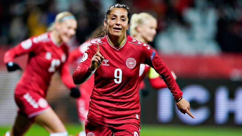 Nadia Nadim celebrates scoring the opening goal for Denmark in the  Euro 2021 women’s qualifying football match against Georgia at the Energy Viborg Arena. Photograph:  Henning Bagger/Ritzau Scanpix/AFP via Getty Images
